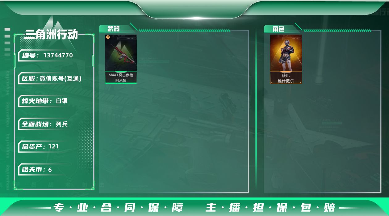 三角洲行动账号VX总资产:121.3M 1干员外观  1传说枪械 哈夫币:6.360K 可二次 可修改实名 安全保护中