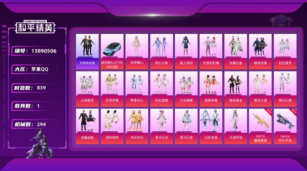 和平精英账号苹果QQ1载具-0套装-294枪皮-实名: 不可修改 时装数: 839 载具数: 1 枪械数: 294 战备