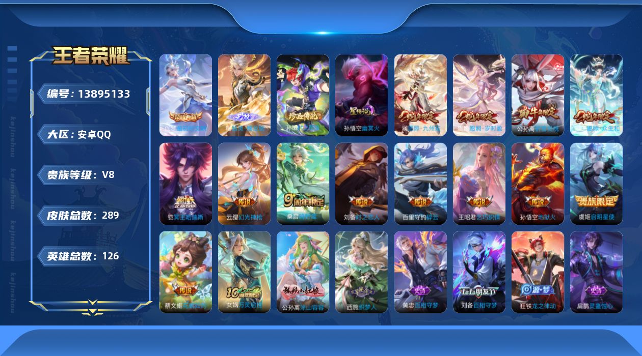 王者荣耀账号安卓QQ[13895133]实名: 可修改 贵族等级: V8 英雄数: 126 皮肤数: 289 荣耀水晶: