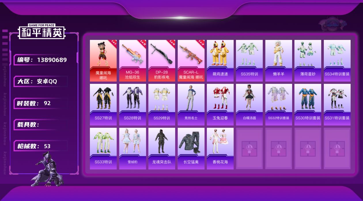 和平精英账号安卓QQ实名: 不可修改 时装数: 92 枪械数: 53 战备数: 24 神级装扮: 魔童闹海-哪吒 稀有枪皮: DP-28-豹影疾电,SCAR-L-魔童闹海 哪吒,MG-36-沧焰双生