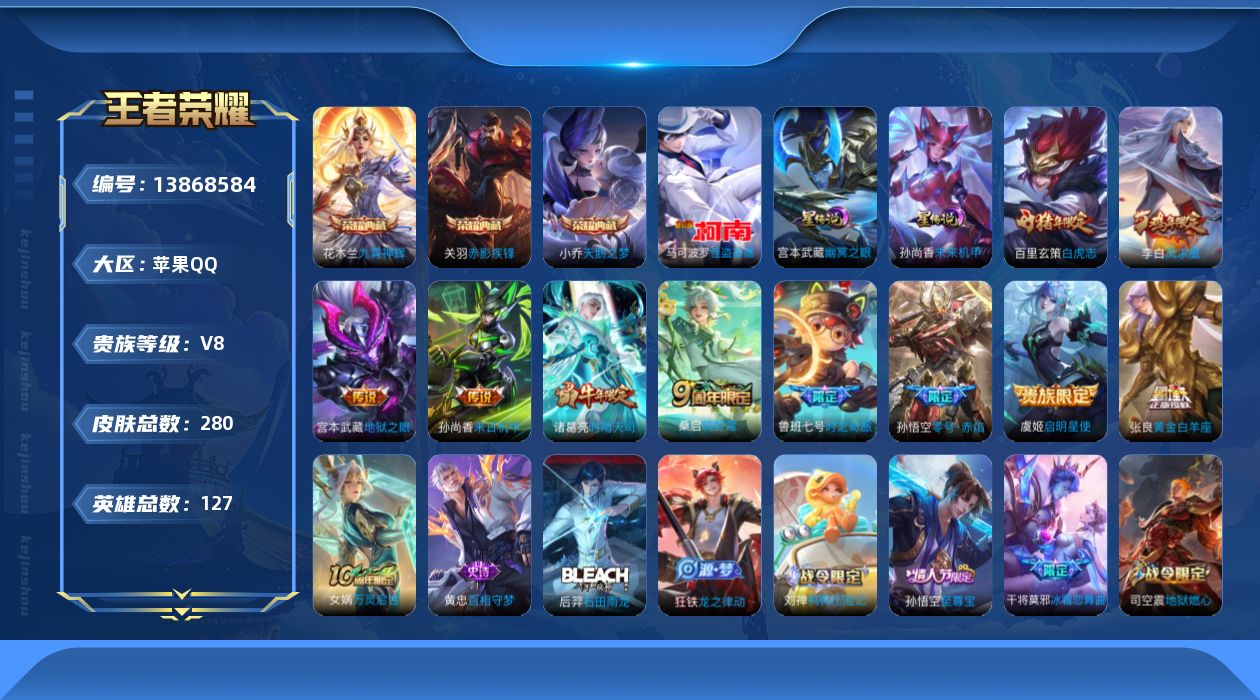 王者荣耀账号苹果QQ[13868584]小国标，关羽苹果Q-V8-280皮肤-3典藏-1珍品传说-11传说-68史诗
【英雄全皮】：钟馗全皮
【荣耀典藏】：小乔天鹅之梦，花木兰九霄神辉，关羽赤影疾锋
【珍品传说】：马可波