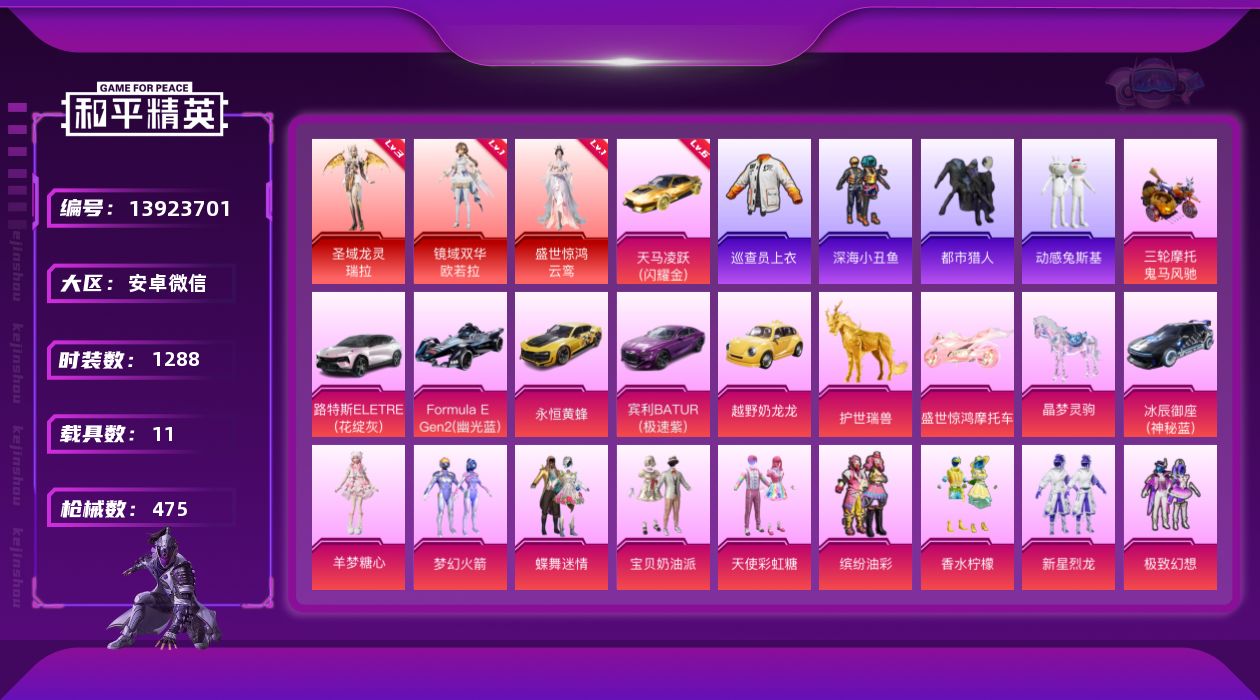 和平精英账号安卓微信11载具-0套装-475枪皮-实名: 可修改 时装数: 1288 载具数: 11 枪械数: 475 