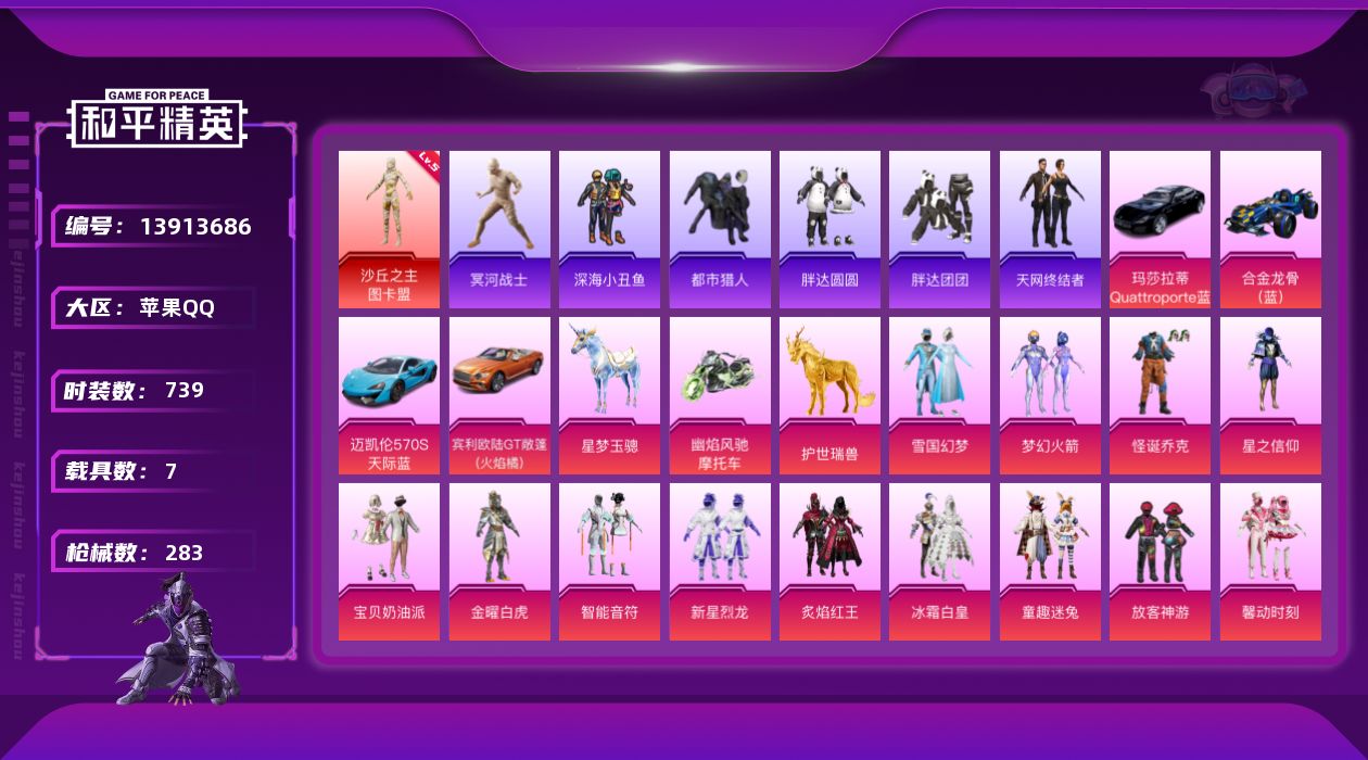 和平精英账号苹果QQ7载具-0套装-283枪皮-实名: 不可修改 时装数: 739 载具数: 7 枪械数: 283 战备