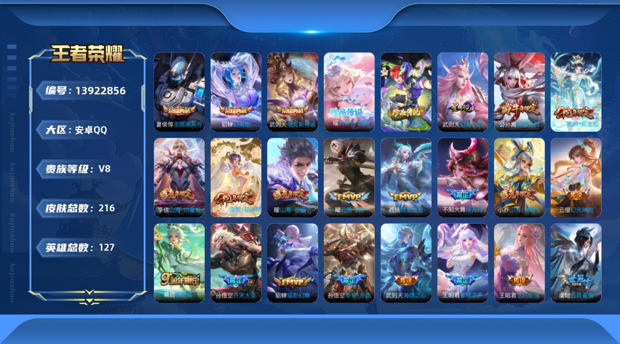 王者荣耀账号安卓QQ[13922856]实名: 可修改 贵族等级: V8 英雄数: 127 皮肤数: 216 荣耀水晶: