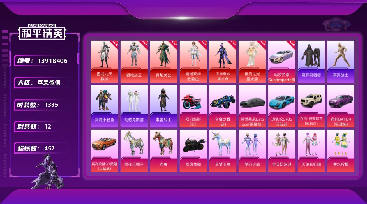 和平精英账号苹果微信实名: 不可修改 时装数: 1335 载具数: 12 枪械数: 457 战备数: 335 神级装扮: