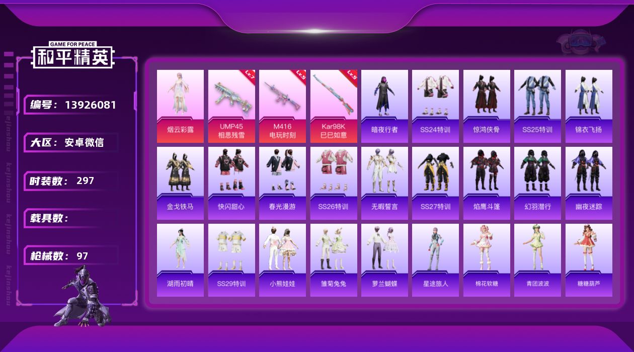 和平精英账号安卓微信实名: 可修改 时装数: 297 枪械数: 97 战备数: 66 热门装扮: 暗夜行者,烟云彩露 稀有枪皮: UMP45相思残雪,M416电玩时刻,Kar98K-巳巳如意