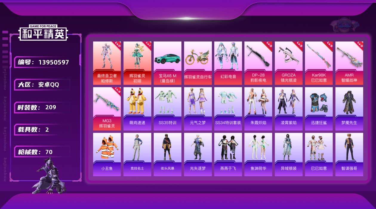 和平精英账号安卓QQ[13950597]DAS7309 包人脸 安卓Q-2红装1稀有2载具1粉装5特效枪5热门49套装70枪皮 24351热力值 1印记 历史超级王牌3星 最终圣卫者-帕修斯 (2级) 辉羽雀灵-初翊 (