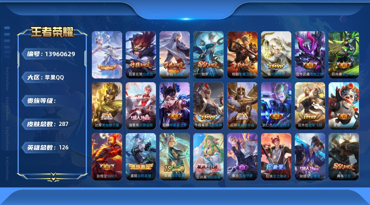 王者荣耀账号苹果QQ实名: 可修改 英雄数: 126 皮肤数: 287 荣耀水晶: 最初的交响 传说皮: 黄金狮子座,黄