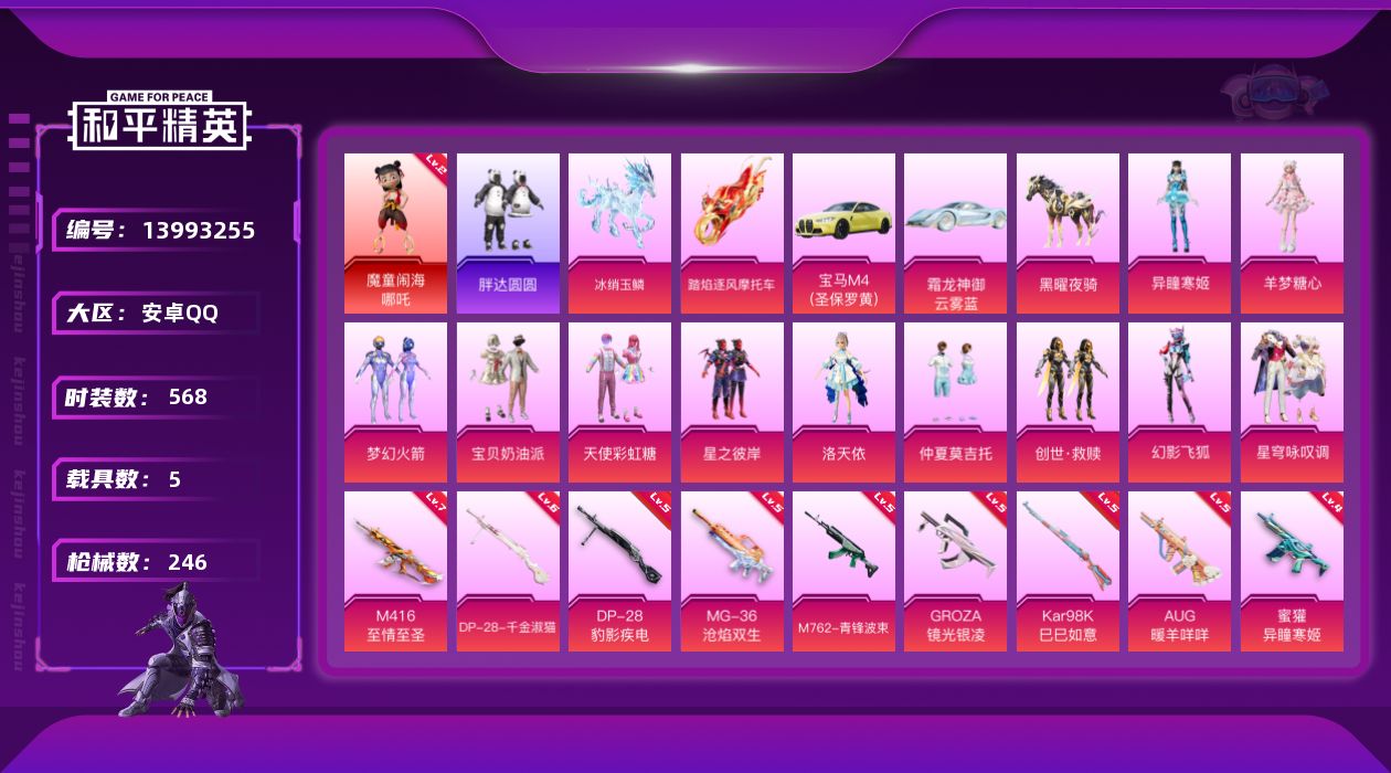 和平精英账号安卓QQ[13993255]DAS7255 包人脸  安卓Q-1红装1稀有5载具12粉装14特效枪8热门160套装246枪皮 88333热力值 15印记 历史卓越王牌17星 魔童闹海-哪吒 (2级)  梦幻火