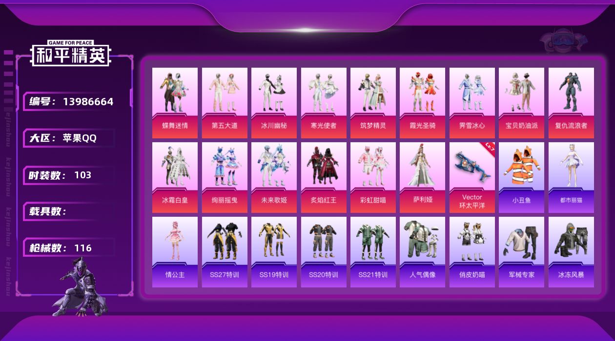 和平精英账号苹果QQ[13986664]苹果 手Q-16粉装-1特效枪-0载具-45306热力值-0印记-103套装-116枪皮
【特效枪等级】：Vector-环太平洋(七级Vector-环太平洋)
【优质套装】：粉装-