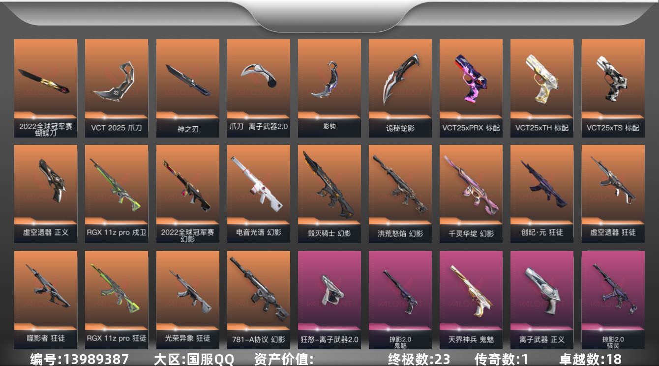 无畏契约账号QQ[13989387]【套装】：2022全球冠军赛套装，VCT 2025 赛季套装，离子武器//2.0