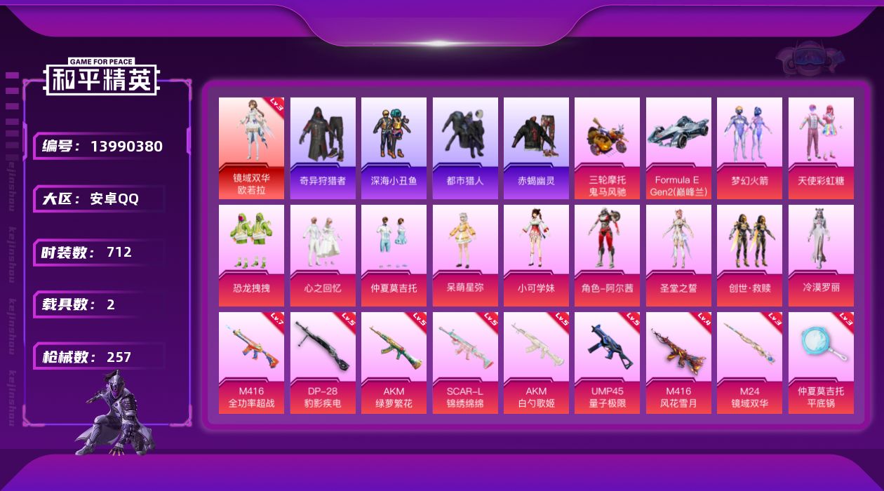 和平精英账号安卓QQ2载具-0套装-257枪皮-实名: 不可修改 时装数: 712 载具数: 2 枪械数: 257 战备