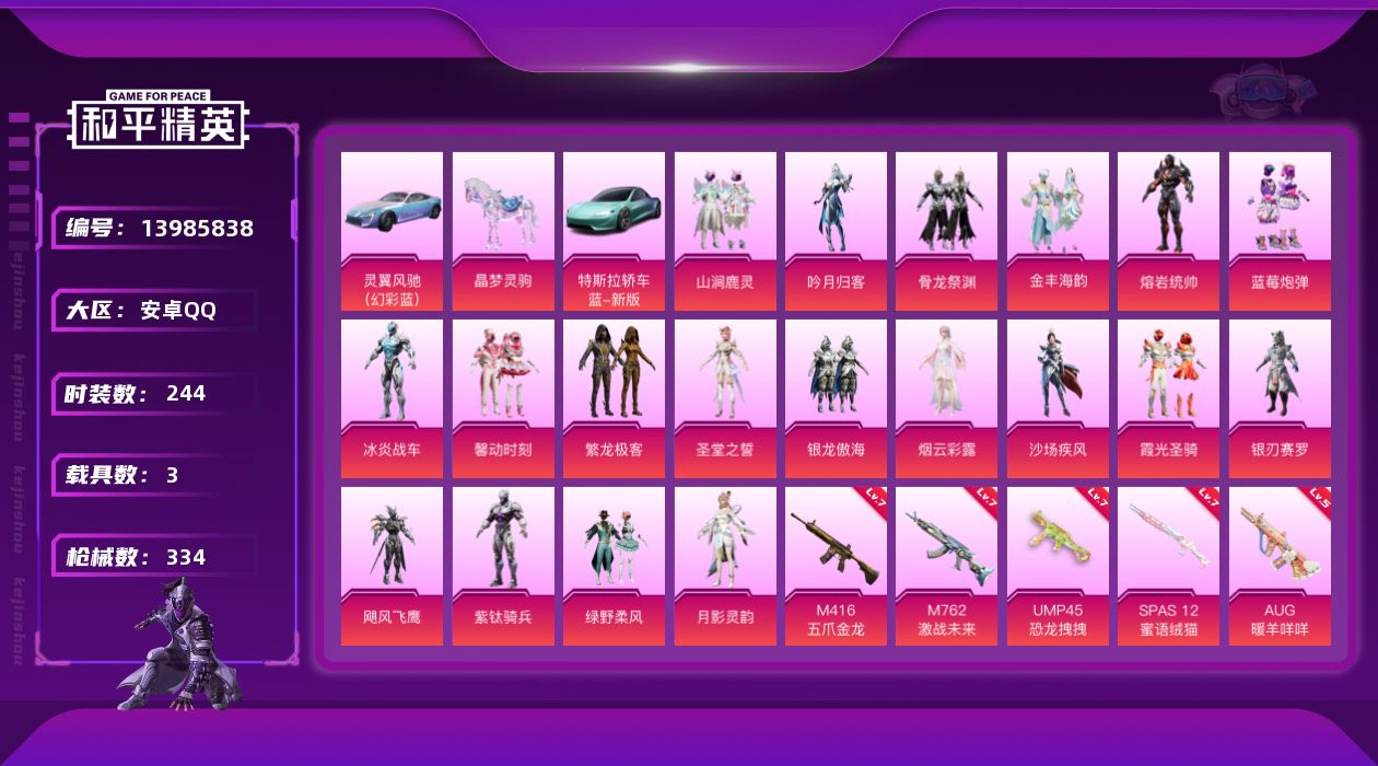 和平精英账号安卓QQ[13985838]安卓 手Q-23粉装-6特效枪-3载具-115713热力值-0印记-244套装-334枪皮
【稀有载具】：特斯拉Roadster（水滴蓝），灵翼风驰（幻彩蓝），晶梦灵驹
【特效枪等