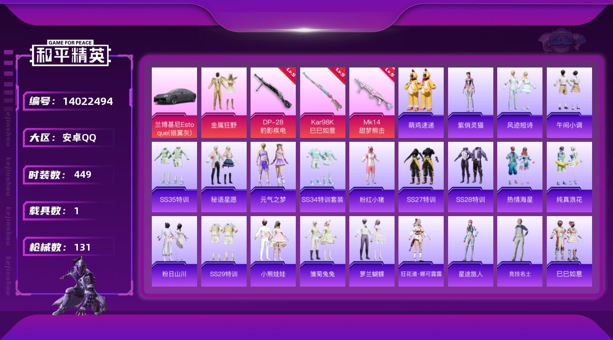 和平精英账号安卓QQ[14022494]时装数: 111 载具数: 1 枪械数: 131 战备数: 91 热门装扮: 金