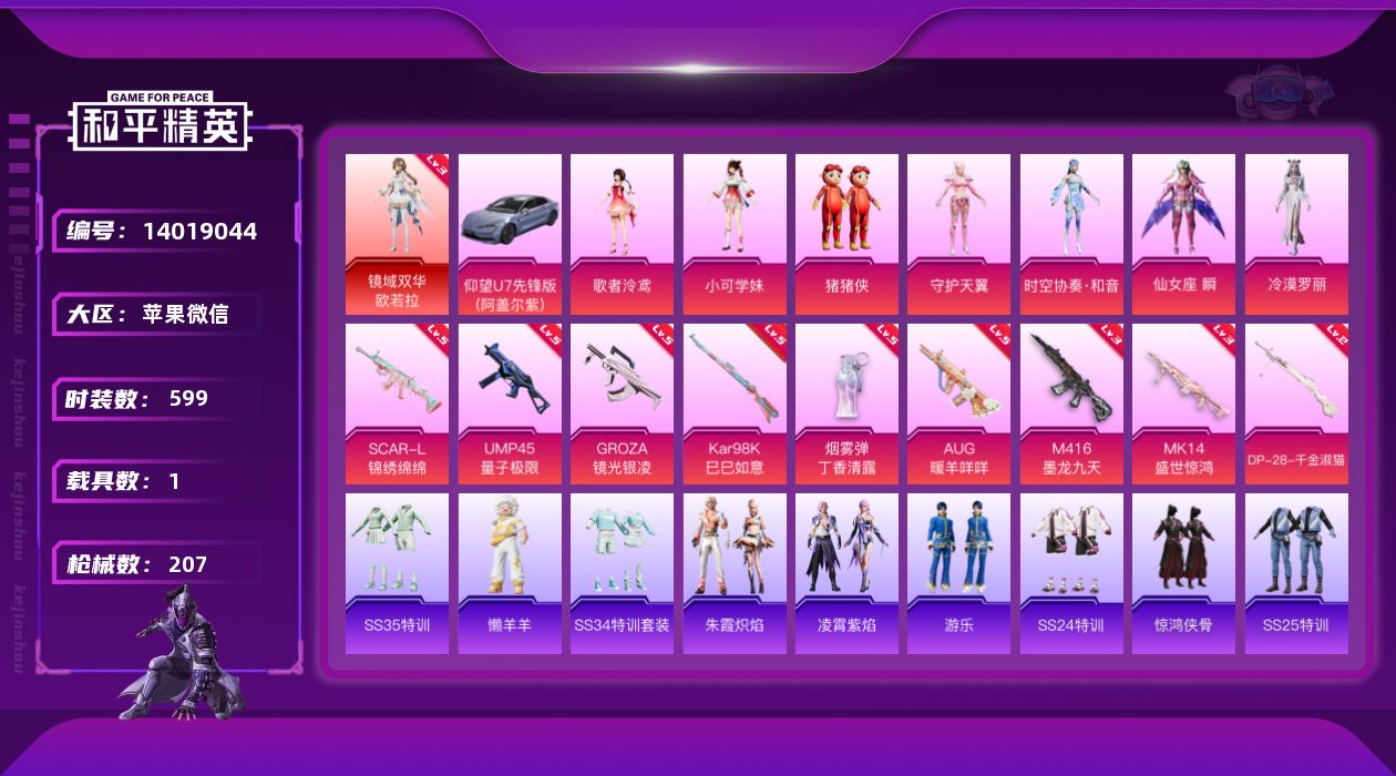 和平精英账号苹果微信[14019044]DAS7321 可二次 苹果V-1红装1载具8粉装9特效枪7热门162套装207枪皮 75661热力值 9印记 历史卓越王牌9星 镜域双华-欧若拉 (3级) M416-墨龙九天 (