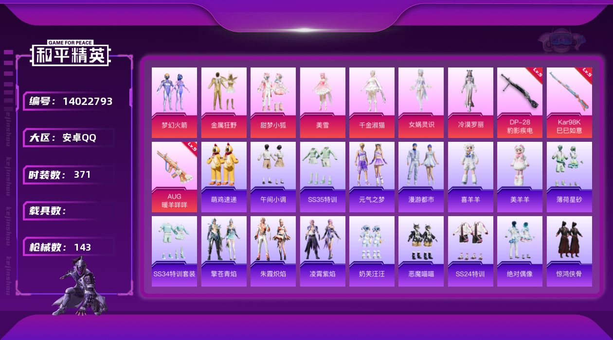 和平精英账号安卓QQ[14022793]实名: 可修改 时装数: 106 枪械数: 143 战备数: 109 热门装扮: