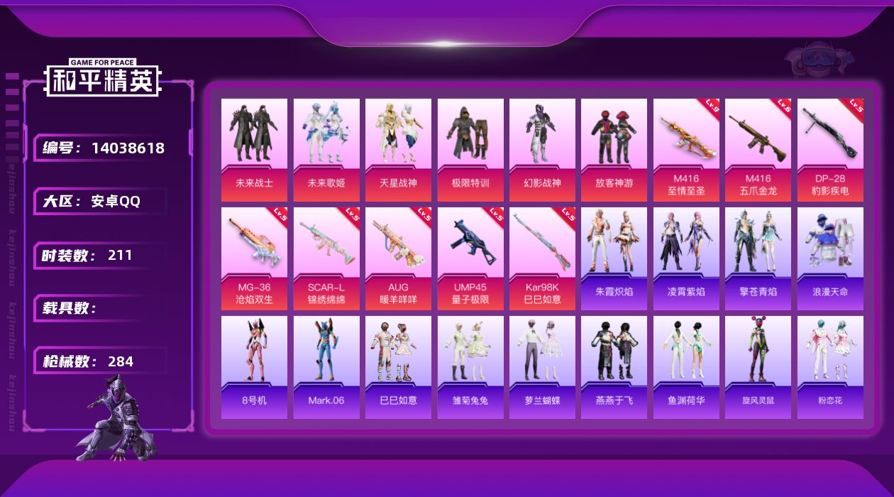 和平精英账号安卓QQ[14038618]9级至情至圣！金鞋都市赤蝎一套！安卓 手Q-无敌战神框-7粉装-8特效枪-0载具-2粉色飞行器-86186热力值-15王牌印记-211套装-284枪皮
【热门品类】：粉装-梦幻火箭