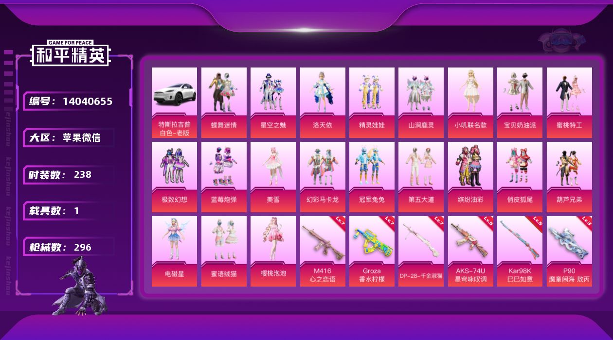 和平精英账号苹果微信[14040655]素材身法号/无敌战神框1/绝世印记2 苹果 微信-无敌战神框-20粉装-7特效枪-1载具-11粉色飞行器-10.8w热力值-16王牌印记-238套装-296枪皮【热门品类】：粉装-