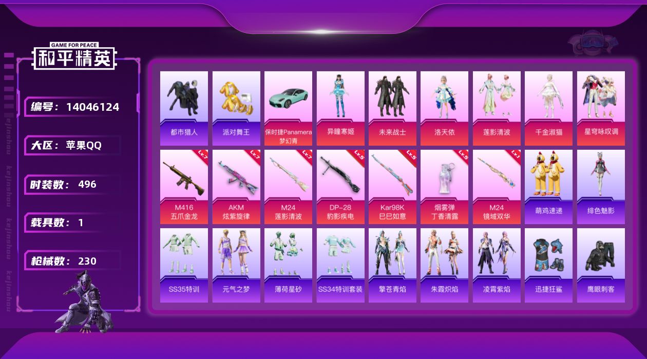 和平精英账号苹果QQ[14046124]DAS5361 (可二次实名) 苹果Q-4稀有1载具6粉装7特效枪8热门140套