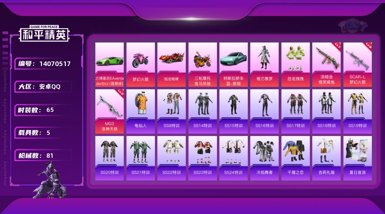 和平精英账号安卓QQ[14070517]可二次【店主推荐捡漏号！可直接换绑】 安卓 手Q-2粉装-4特效枪-5载具-1粉色飞行器-3.4热力值-3王牌印记-65套装-81枪皮【热门品类】：套装-龟仙人【粉色载具】：特斯拉
