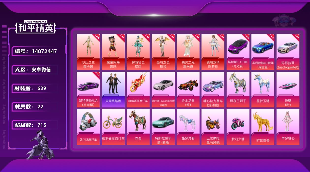 和平精英账号安卓微信[14072447]素材身法号/路特斯ELETRE（电光紫）(四级)/沙丘之主-图卡盟(六级)/老101/老木乃伊/璀璨碎片536 安卓 微信-6神装-133粉装-44特效枪-22载具-32粉色飞行器
