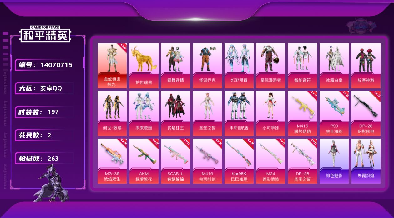 和平精英账号安卓QQ[14070715]可二次【店主推荐捡漏号！可直接换绑】/素材身法号/绝世印记1/地铁满天赋 安卓 手Q-1神装-14粉装-11特效枪-2载具-6粉色飞行器-8.9w热力值-15王牌印记-197套装-