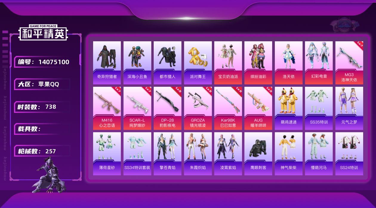 和平精英账号苹果QQ[14075100]"DFZ6 钱包无法注销 可二次 苹果Q-8稀有4粉装7特效枪19热门194套装257枪皮 79444热力值 15印记 历史传奇王牌18星 奇异狩猎者 M416-黄金龙骨 AWM-