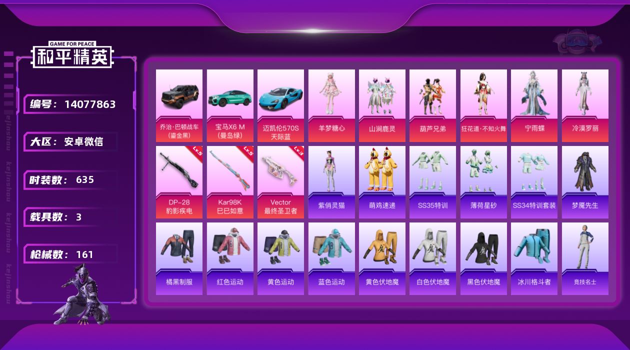 和平精英账号安卓微信3载具-164套装-161枪皮-[]6粉装 3特效枪 3载具 4印记 可二次 可修改实名 
【热门装