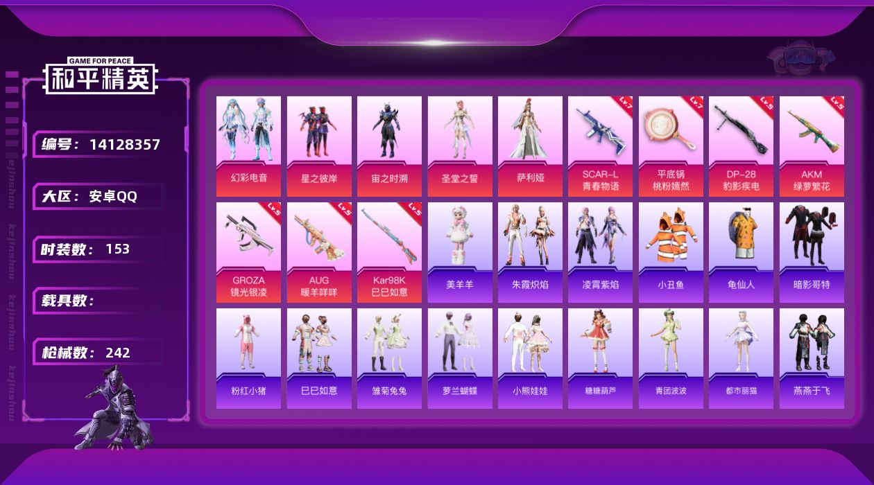 和平精英账号安卓QQ[14128357]【店主推荐捡漏号！可直接换绑】 安卓 手Q-5粉装-8特效枪-6粉色飞行器-7.2w热力值-10王牌印记-153套装-242枪皮【热门品类】：套装-深海小丑鱼，套装-小丑鱼，套装-
