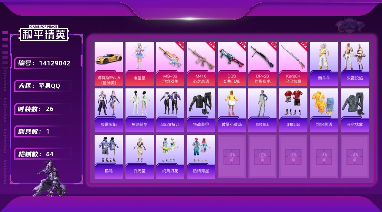 和平精英账号苹果QQ[14129042]【店主推荐捡漏号！可直接换绑】 苹果 手Q-1粉装-5特效枪-1载具-1粉色飞行器-1.7w热力值-1王牌印记-26套装-64枪皮【粉色载具】：路特斯EVIJA（星际黄）【粉色套装