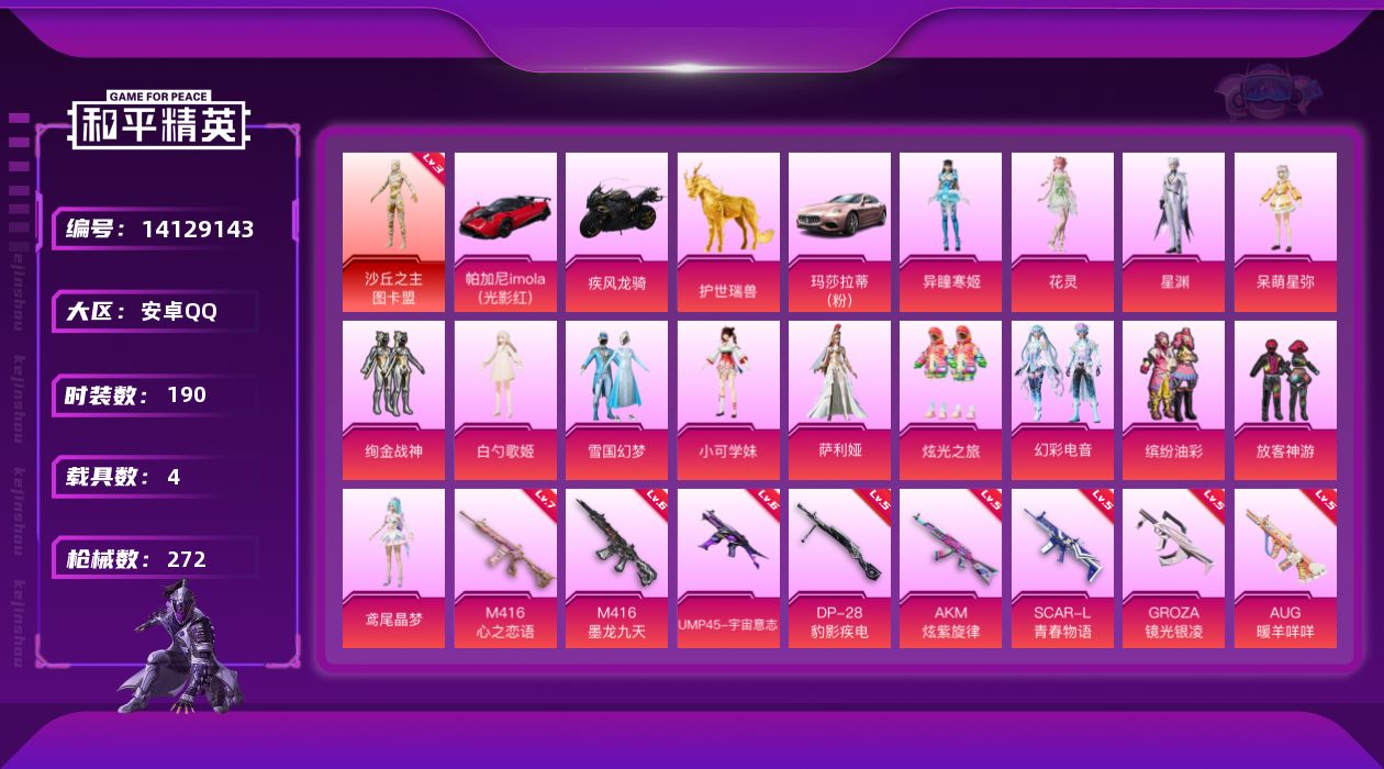 和平精英账号安卓QQ[14129143]【店主推荐捡漏号！可直接换绑】/地铁满天赋 安卓 手Q-1神装-15粉装-14特效枪-4载具-13粉色飞行器-10.3w热力值-15王牌印记-190套装-272枪皮【红色神装等级】