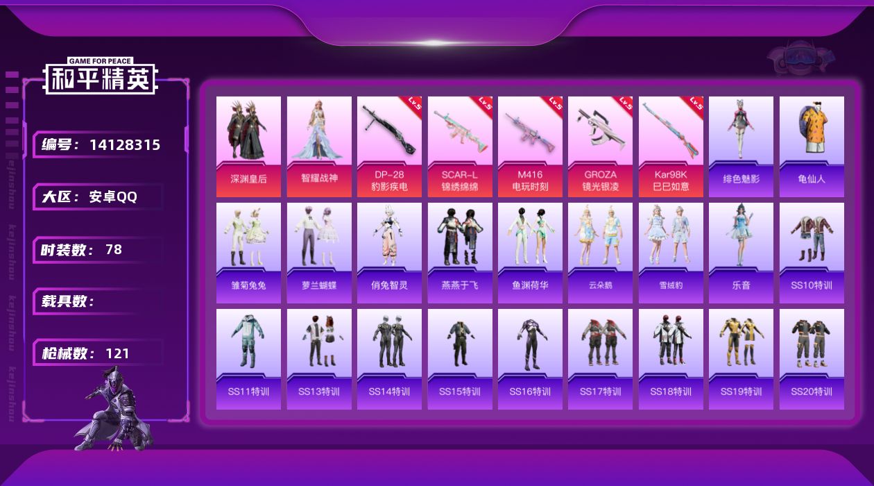 和平精英账号安卓QQ[14128315]【店主推荐捡漏号！可直接换绑】安卓 手Q-2粉装-5特效枪-1粉色飞行器-3.6w热力值-9王牌印记-78套装-121枪皮【热门品类】：套装-龟仙人【粉色套装】：粉装-深渊皇后，角