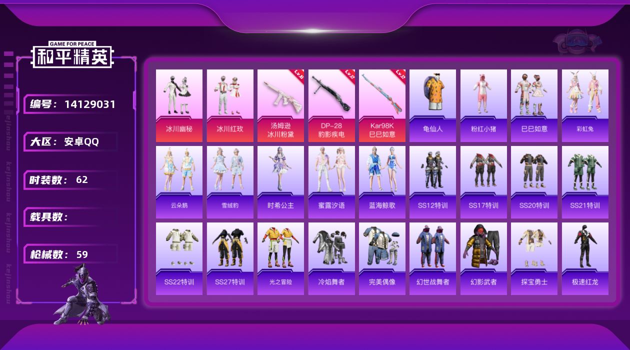 和平精英账号安卓QQ[14129031]【店主推荐捡漏号！可直接换绑】 安卓 手Q-2粉装-3特效枪-2w热力值-2王牌印记-62套装-59枪皮【热门品类】：套装-龟仙人，套装-粉红小猪【粉色套装】：粉装-冰川幽秘，粉装