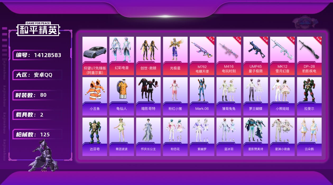 和平精英账号安卓QQ[14128583]可二次【店主推荐捡漏号！可直接换绑】 安卓 手Q-3粉装-5特效枪-2载具-1粉色飞行器-3.7w热力值-4王牌印记-80套装-125枪皮【热门品类】：套装-深海小丑鱼，套装-小丑