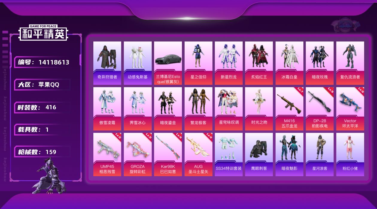 和平精英账号苹果QQ[14118613]"DAS7519 包人脸  苹果Q-1稀有1载具12粉装7特效枪18热门111套