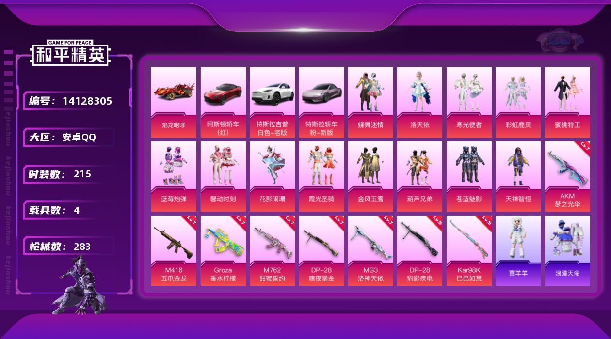 和平精英账号安卓QQ[14128305]可二次【店主推荐捡漏号！可直接换绑】/素材身法号/绝世印记1 安卓 手Q-13粉装-8特效枪-4载具-3粉色飞行器-10w热力值-22王牌印记-215套装-283枪皮【热门品类】：