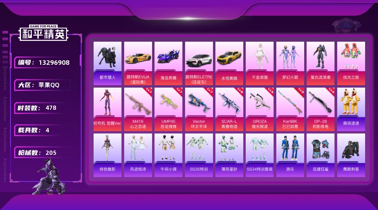和平精英账号苹果QQ4载具-0套装-205枪皮-苹果Q-1稀有4载具5粉装7特效枪 18印记【1稀有】 都市猎人 4载具