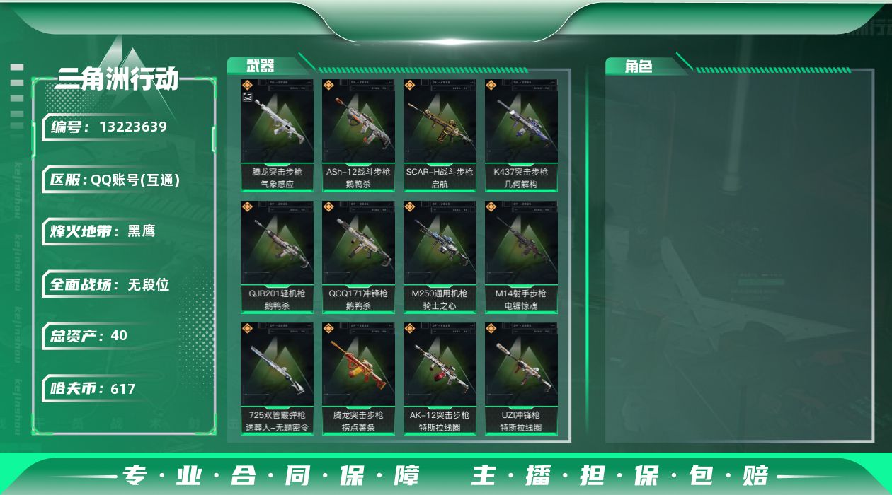 三角洲行动账号QQ总资产:40M  15传说枪械 哈夫币:617.213K 可二次 可修改实名 
【烽火地带段位】:黑