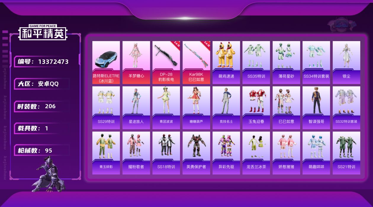 和平精英账号安卓QQ[13372473]时装数: 55 载具数: 1 枪械数: 95 战备数: 70 热门装扮: 羊梦糖