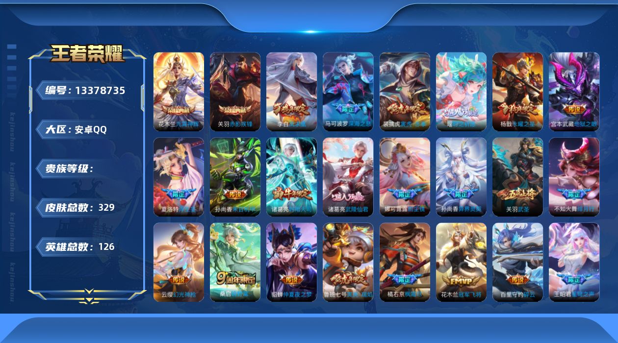 王者荣耀账号安卓QQ实名: 可修改 英雄数: 126 皮肤数: 329 荣耀水晶: 九霄神辉,赤影疾锋 传说皮: 冠军飞