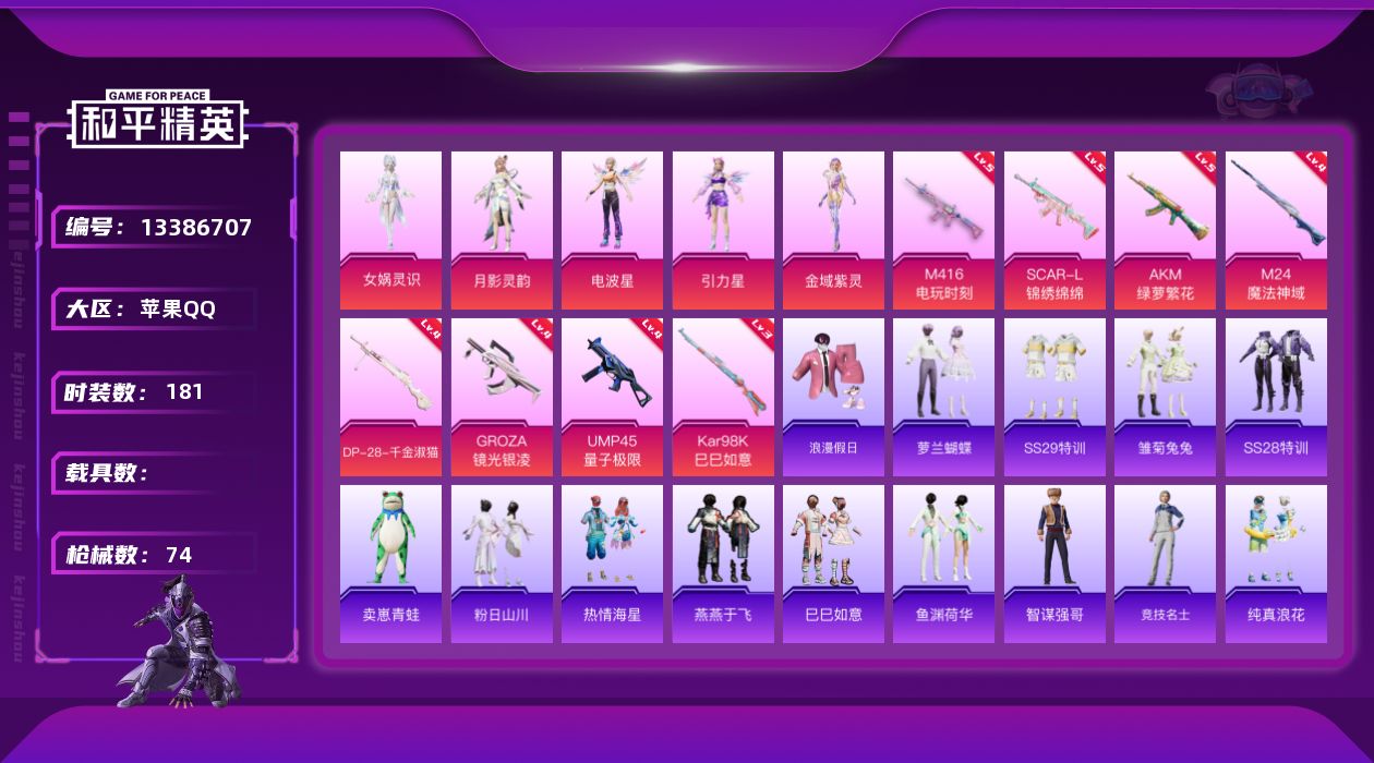 和平精英账号苹果QQ[13386707]竞技,苹果手Q-可二次-5粉装-8特效-0载具 -角色-引力星,角色-电波星,角色-金域紫灵,角色-月影灵韵,角色-女娲灵识-