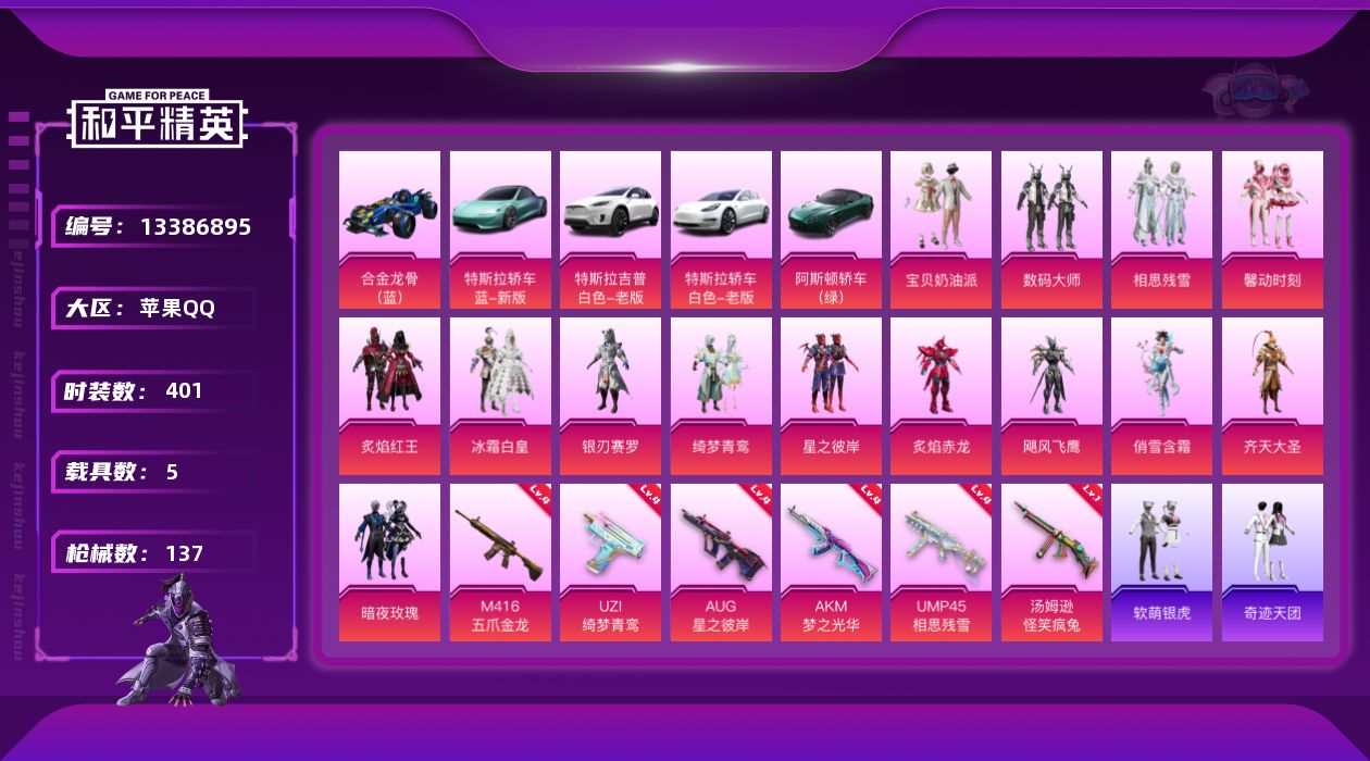 和平精英账号苹果QQ[13386895]相思残雪,宝贝奶油派,竞技,苹果手Q-可二次-14粉装-6特效-5载具 粉套-宝
