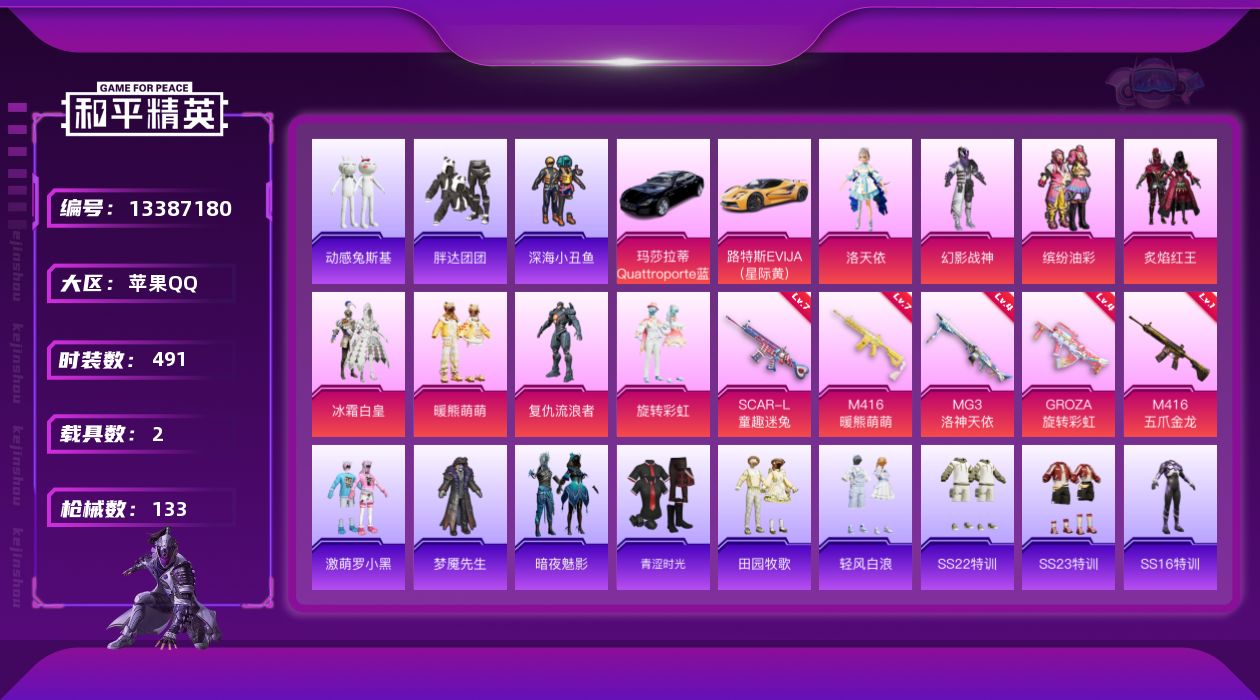 和平精英账号苹果QQ[13387180]猪脸,洛天依,身法浪漫天命,竞技,苹果手Q-可二次-8粉装-5特效-2载具 粉套