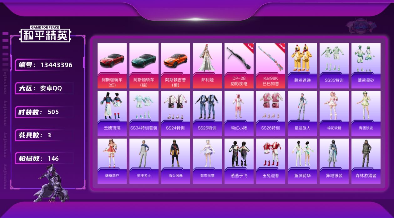 和平精英账号安卓QQ[13443396]时装数: 130 载具数: 3 枪械数: 146 战备数: 118 热门装扮: 