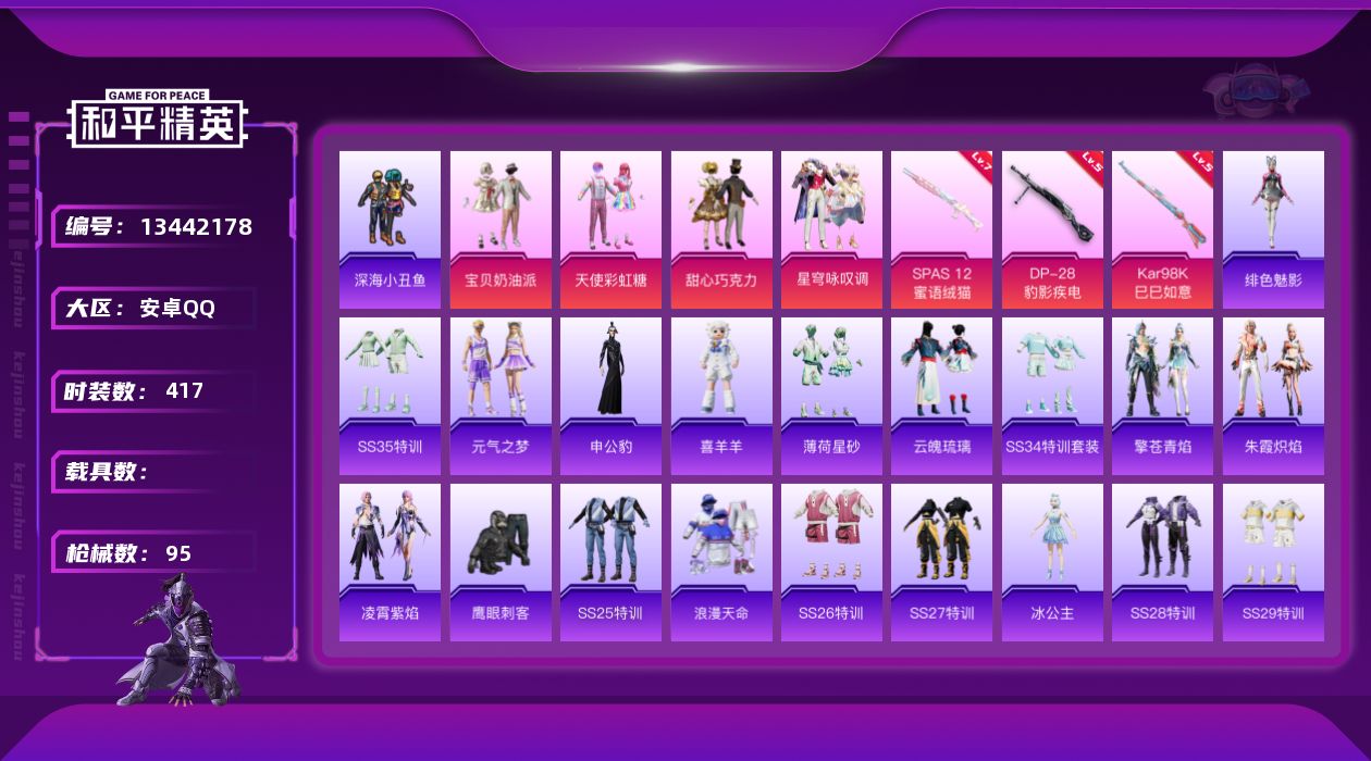 和平精英账号安卓QQ0载具-100套装-95枪皮-YZJ11554-可二次-安卓Q-1稀有4粉装3特效枪7热门100套装