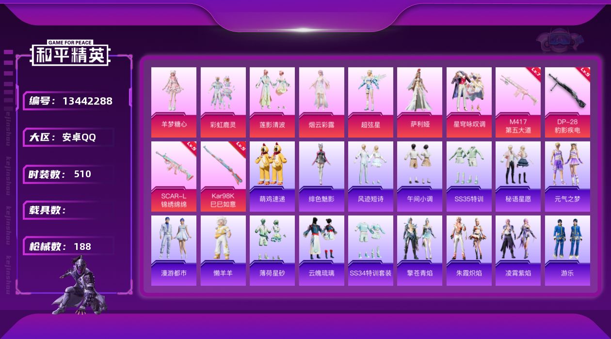 和平精英账号安卓QQ0载具-140套装-188枪皮-YZJ11552 可二次 安卓Q-1稀有7粉装4特效枪6热门140套