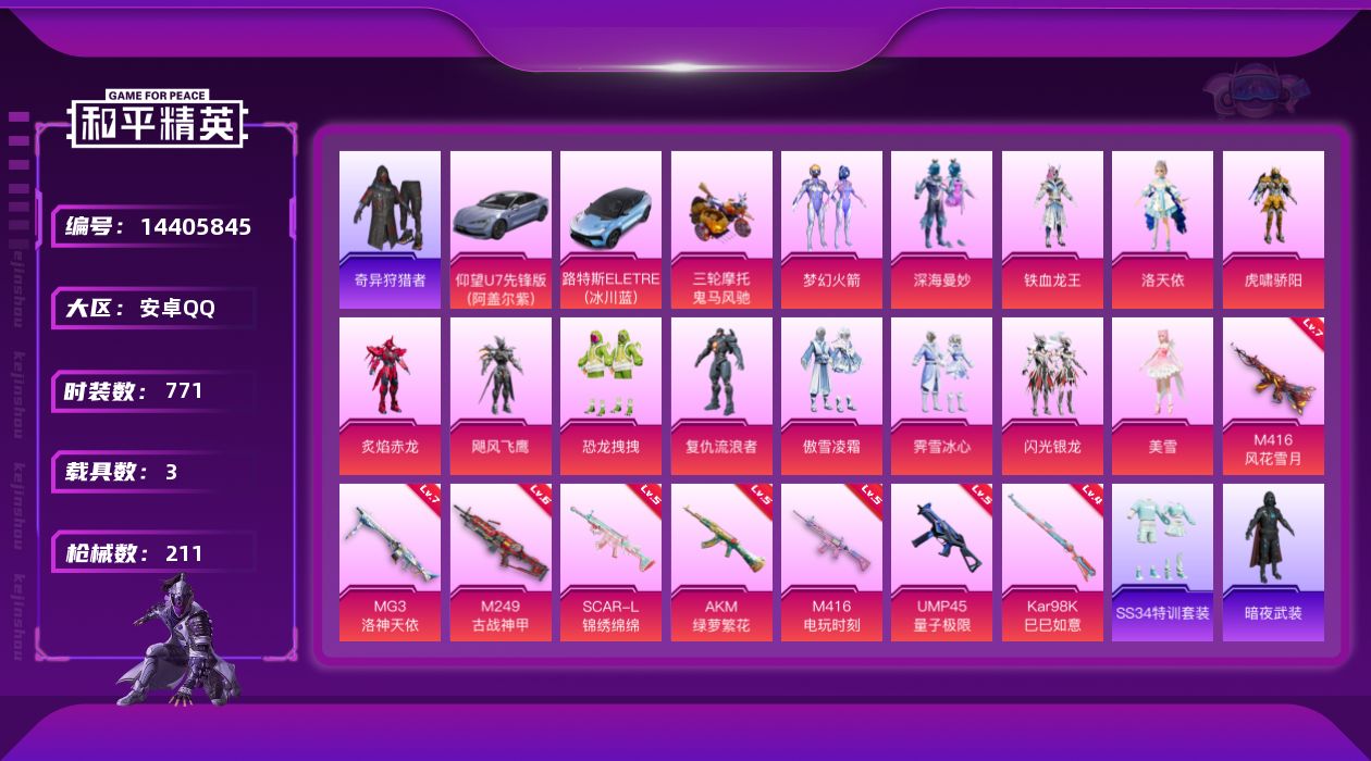 和平精英账号安卓QQ[14405845]13粉装 8特效枪 3载具 8印记 可二次 可修改实名 
【热门装扮】:奇异狩猎