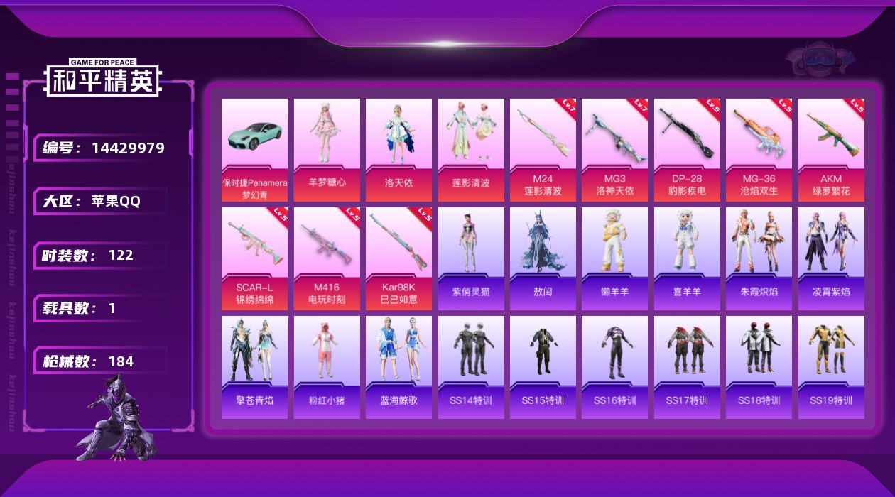 和平精英账号苹果QQ[14429979]可二次【店主推荐捡漏号！可直接换绑】/素材身法号 苹果 手Q-3粉装-8特效枪-1载具-4粉色飞行器-6w热力值-12王牌印记-122套装-184枪皮【热门品类】：套装-粉红小猪【
