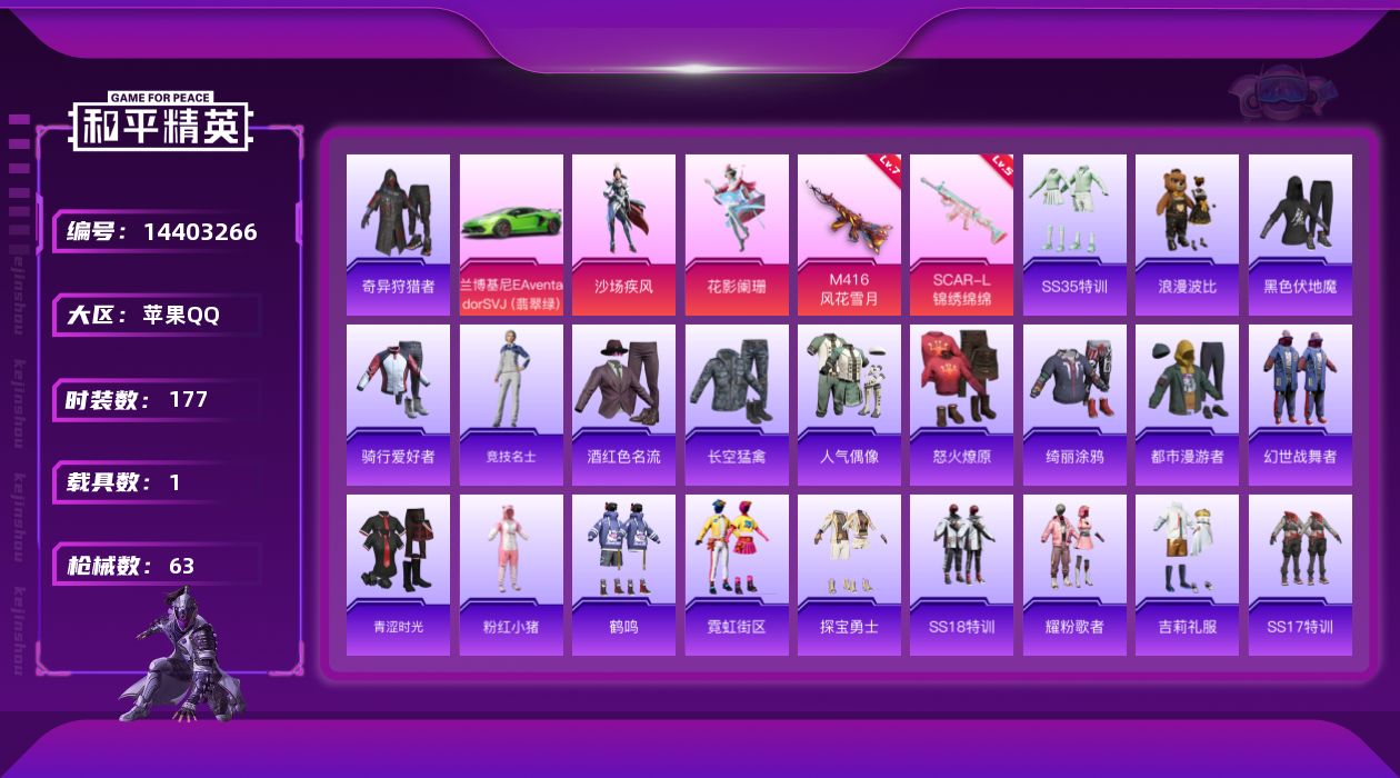 和平精英账号苹果QQ[14403266]2粉装 2特效枪 1载具 3印记 可二次 可修改实名 
【热门装扮】:奇异狩猎者