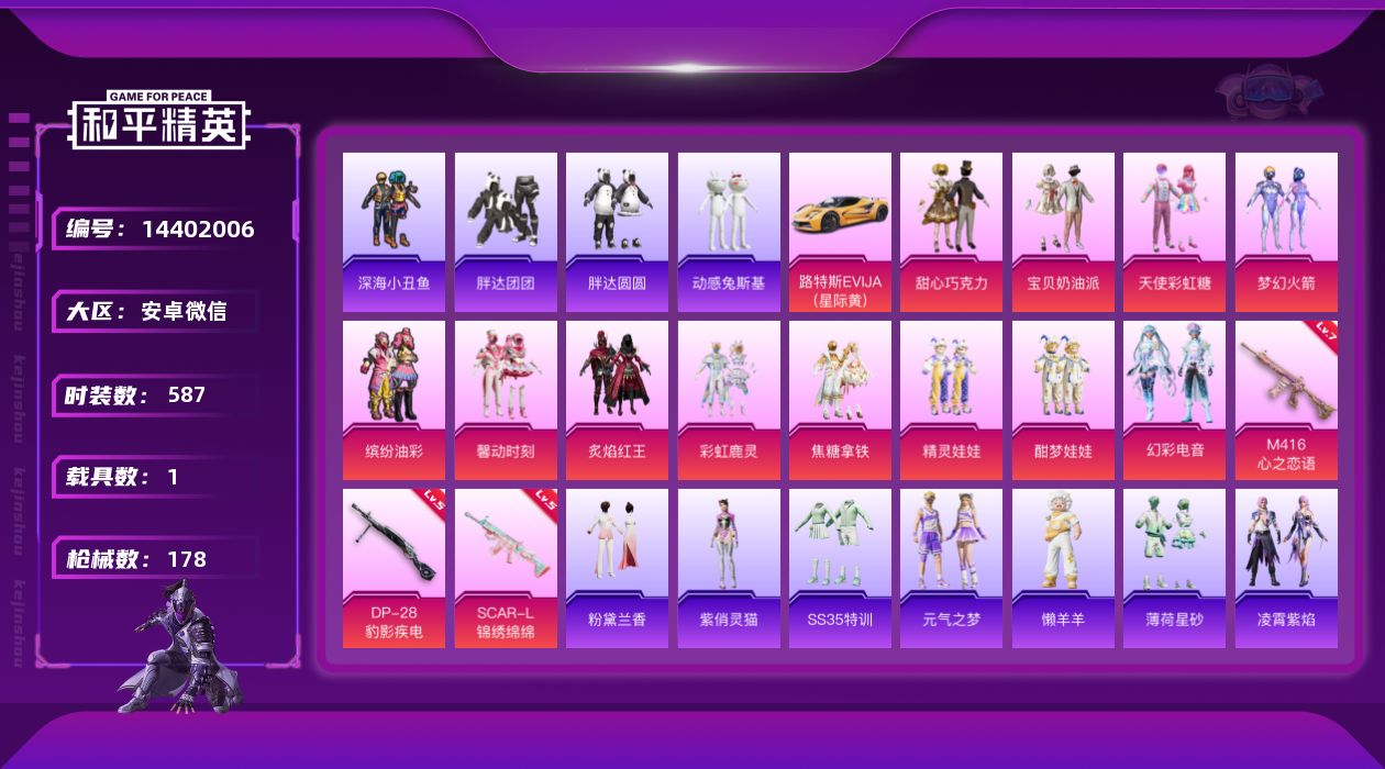 和平精英账号安卓微信[14402006]12粉装 3特效枪 1载具 14印记 可二次 可修改实名 
【热门装扮】:幻彩电